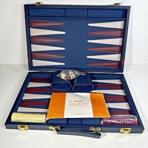 Vintage Style Backgammon Travel Set Blue Case Dice Chips Folding Board 16" Board